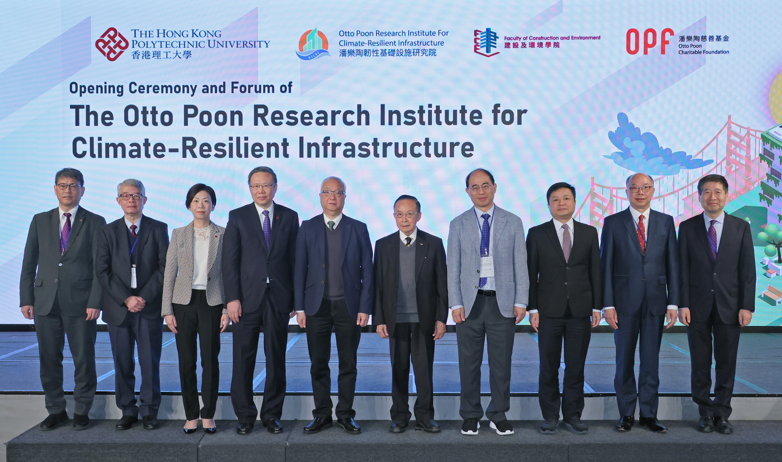 With the generous support of the Otto Poon Charitable Foundation, PolyU has established the Otto Poon Research Institute for Climate-Resilient Infrastructure. The opening ceremony was officiated by Ir Dr Otto Poon, Founder of the Otto Poon Charitable Foundation and PolyU University Fellow (5th from right); Mr Tse Chin-wan, Secretary for Environment and Ecology of the HKSAR Government (5th from left), Prof. Jin-Guang Teng, President of PolyU, (4th from left); Prof. Wing-tak WONG, Deputy President and Provost of PolyU (4th from right); Prof. Miranda LOU, Executive Vice President (3rd from left); Mr CHEN Yulin, Director of Department of Educational, Scientific and Technological Affairs of the Liaison Office of the Central People’s Government in the HKSAR (3rd from right); Ir Prof. Frank CHAN (2nd from right) and Dr Andrew CHAN (2nd from left), both Steering Committee Members of RICRI; Prof. Christopher CHAO, Vice President (Research and Innovation) of PolyU (1st from left); and Prof. Xiang-dong Li, Director of RICRI (1st from right).