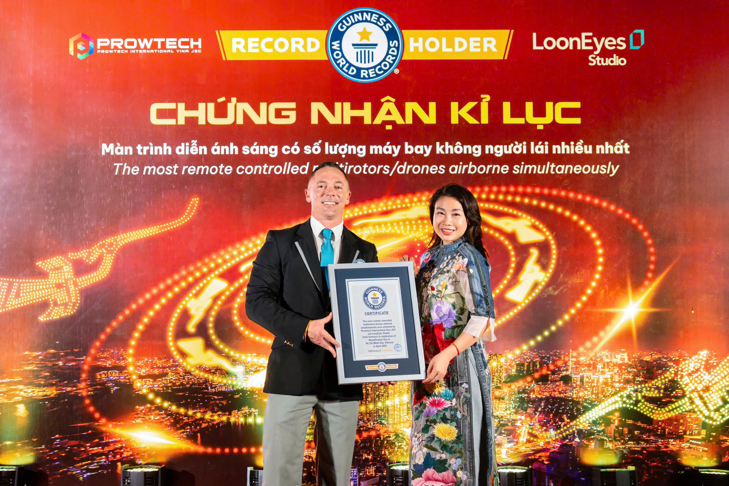 The performance was certified by Guinness World Records as the "largest drone light show by number of drones flying simultaneously."